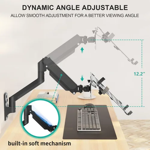 Miniatura 6 de WALI Soporte de pared para laptop, brazo de laptop totalmente ajustable para portátiles de 10 a 17 pulgadas, soporte de pared para monitor 2 en 1
