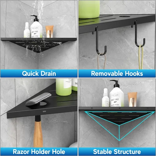 Miniatura 4 de Estantes esquineros de ducha, estante empotrado de acero inoxidable 304 negro mate de 10 pulgadas para baño, estante de lechada con ganchos