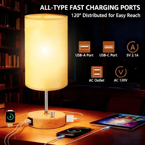 Miniatura 3 de HiBay Lámpara de mesita de noche regulable de 17.75 pulgadas con estación de carga, 2 puertos USB y salida de CA, luz rústica de grano de madera