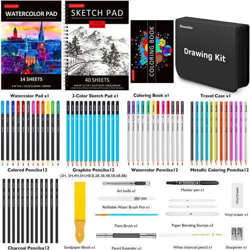 Miniatura 2 de Soucolor Suministros de arte, paquete de 76 kits de dibujo, caja de regalo para artistas adultos: cuaderno de bocetos de 3 colores, bloc