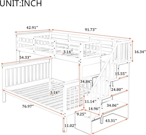 Miniatura 2 de Ball & Cast Litera individual sobre tamaño matrimonial con escalera de almacenamiento y barandillas de longitud completa, litera de madera