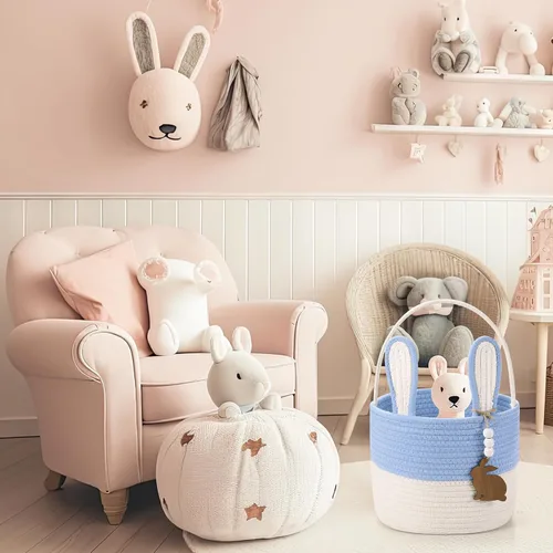 Miniatura 7 de SiliFine Cesta de Pascua para niños, cesta de conejo de Pascua con etiqueta de nombre, oreja de conejo desmontable, regalo tejido rústico para niñas
