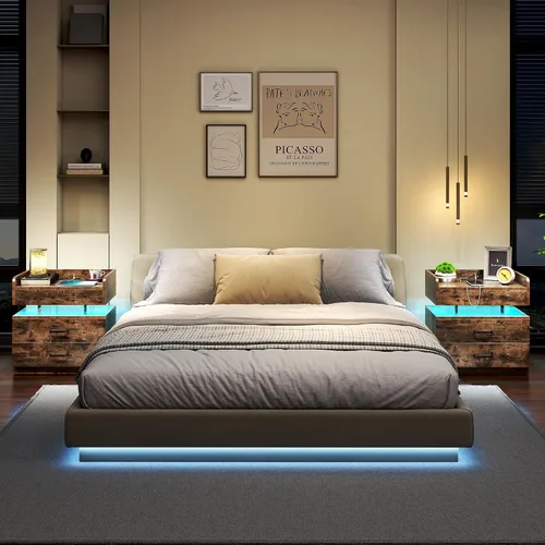 Miniatura 10 de TC-HOMENY Mesita de noche flotante de acrílico con modo activado por voz, mesita de noche LED con estación de carga, mesa auxiliar con 2 cajones