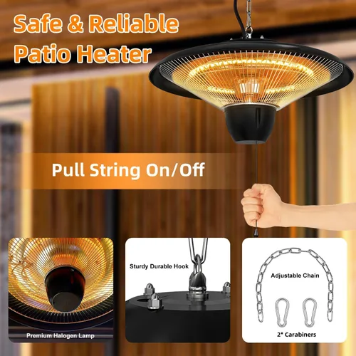 Miniatura 4 de KOCASO Calentador colgante de patio de 1500 W para interiores y exteriores, lámpara de calefacción eléctrica ultra silenciosa, IP23, impermeable, 2