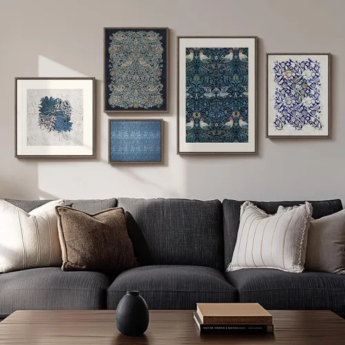 Arte de pared enmarcado de William Morris para sala de estar, juego de 5 impresiones en lienzo azul vintage, diseño floral botánico y de pájaros,