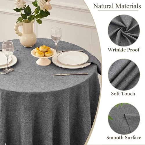Miniatura 4 de Mantel redondo de lino, mantel de estilo granja impermeable y resistente a las manchas, cubierta de mesa de decoración falsa lavable para cocina
