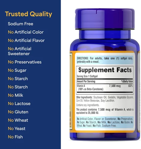 Miniatura 6 de Puritan's Pride Beta Caroteno Provitamina A 7,500 mcg (25,000 UI), suplemento vitamínico para el sistema inmunológico, antioxidante y apoyo a