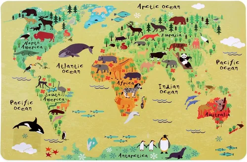 Miniatura 4 de Juego de 3 manteles individuales con diseño de mapa del mundo, diseño educativo de geografía de animales, para niños, mesa de plástico, divertidos