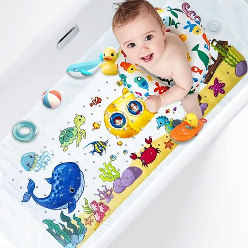 Miniatura 10 de Alfombra de baño para niños con diseño temático de océano, 40 x 16 pulgadas, antideslizante con 200 ventosas, patrón de animales marinos de dibujos