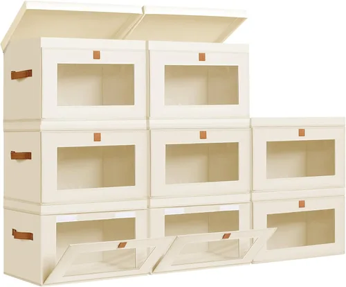 Miniatura 14 de DIMJ Contenedores de Almacenamiento con Tapas - Paquete de 4 Organizadores Grandes de Tela para Armario con Ventana y Asas, Cajas de Almacenamiento