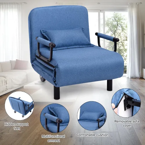 Miniatura 7 de Cama convertible con sofá cama triple 3 en 1 con almohada, diván plegable de ocio con respaldo ajustable de 5 ángulos, cama perezosa tapizada