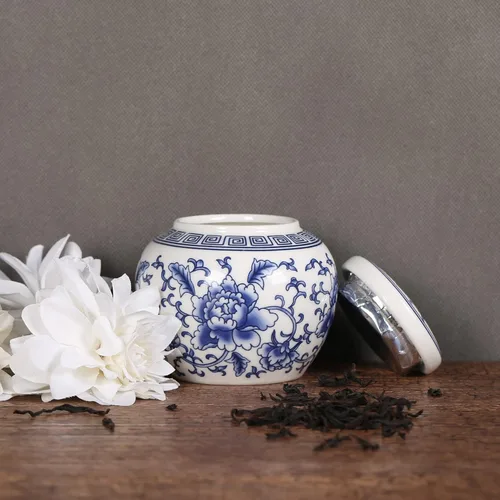 Miniatura 4 de XINGYAN Tarro de jengibre pequeño de cerámica de porcelana china tradicional azul y blanca con tapa, para almacenamiento de té, decoración