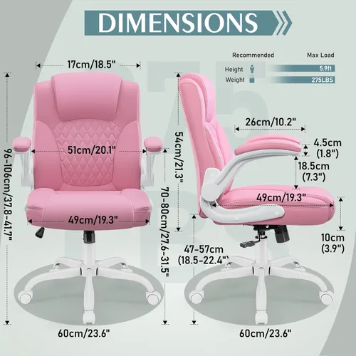Miniatura 3 de Silla de cuero PU con soporte ergonómico lumbar, gira 360°, pequeña, ruedas, reposabrazos ajustables, para gente chaparra, para escritorio, Rosa