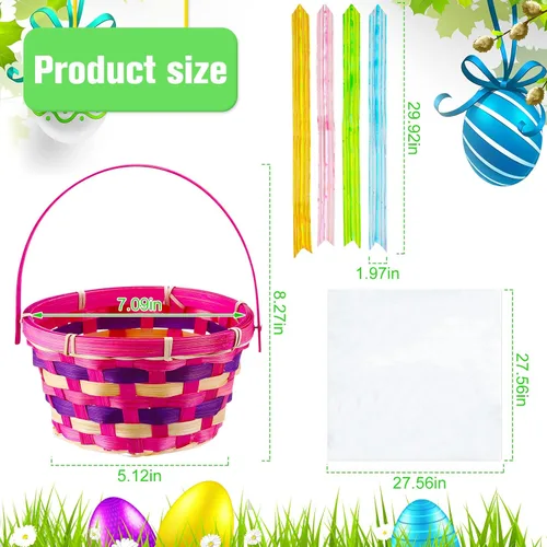 Miniatura 2 de Weysat Juego de 12 cestas de Pascua de bambú a granel, con asa redonda tejida transparente, bolsa de envoltura, lazo de conejo, papel de vidrio