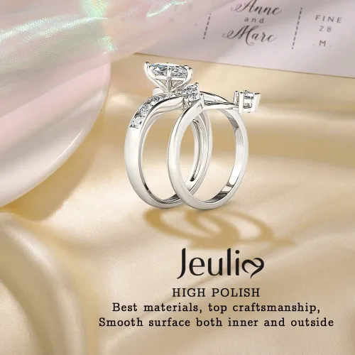 Miniatura 4 de Jeulia - Juego de anillos de boda con corte de marquesa de plata de ley, anillos de compromiso con circonia cúbica y diamante blanco solitario