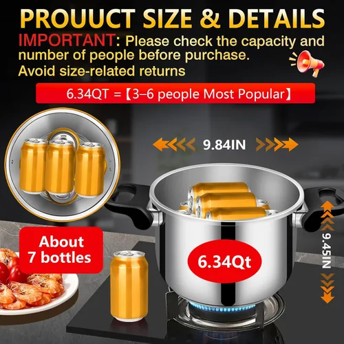 Miniatura 7 de Olla a presión de 6.3 QT, acero inoxidable 304 - Bloqueo a prueba de explosiones, operación con una mano, cocina rápida, apta para lavavajillas