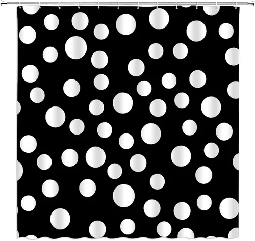Cortina de ducha de lunares retro negro y blanco, patrón geométrico circular, estampado completo, fondo negro, vintage, lindo, hippie, divertido,