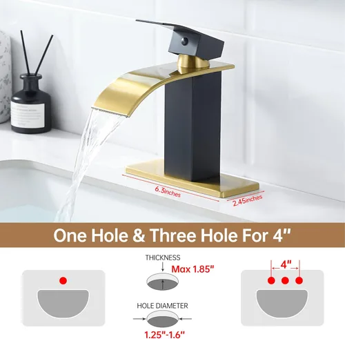 Miniatura 2 de FRANSITON Grifo de baño con cascada de una sola manija de 1 o 3 agujeros, grifo de lavabo con cubierta y drenaje desplegable (negro y dorado, corto)