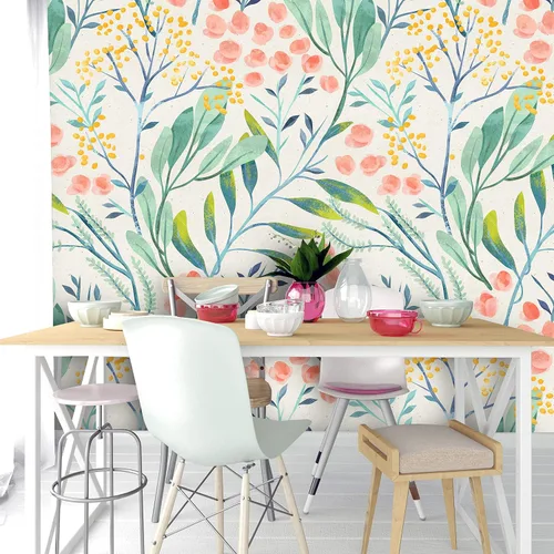 Papel tapiz removible para despegar y pegar, mural de pared autoadhesivo, patrón floral de acuarela, decoración de habitación del bebé • Hojas de