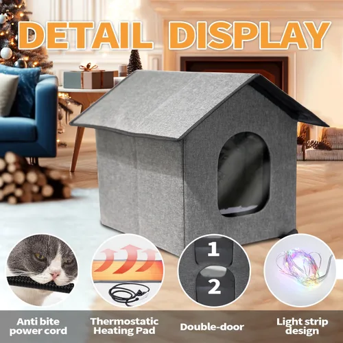 Miniatura 2 de Casa climatizada para gatos para exteriores, resistente a la intemperie y aislada, plegable, refugio cálido para gatos con bola de cascabel y luz