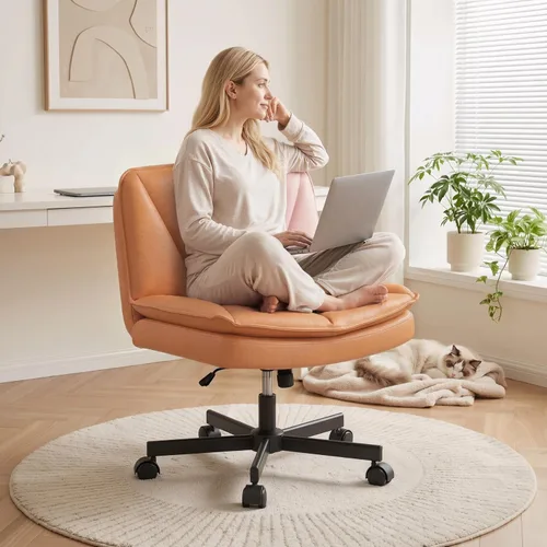 Miniatura 10 de DurayLoly Silla Criss Cross con Ruedas, Silla de Oficina con Patas Cruzadas con Cojín de 2 Capas, Asiento Ancho Cómodo, Cuero, Sin Brazos, Sillas