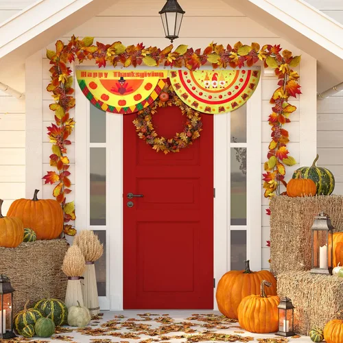 Miniatura 6 de 8 banderines plisados de Acción de Gracias para exteriores, diseño de calabaza, pavo, banderines de otoño con cabecera de lona y ojales de metal