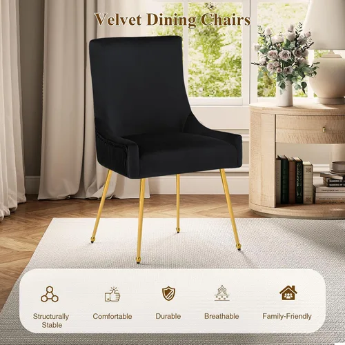 Miniatura 7 de adochr Juego de 2 sillas de comedor modernas con patas de metal dorado, silla de cocina tapizada de terciopelo, respaldo plisado, silla decorativa