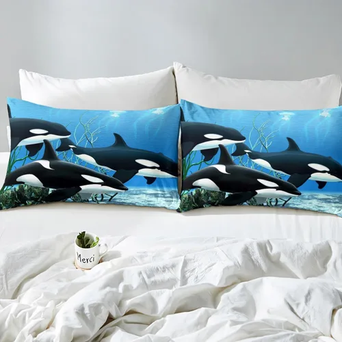 Miniatura 5 de Erosebridal Juego de ropa de cama de orca asesina Orcinus Orcas, sábana bajera ajustable de medusas del mundo submarino para niños y niñas, animales