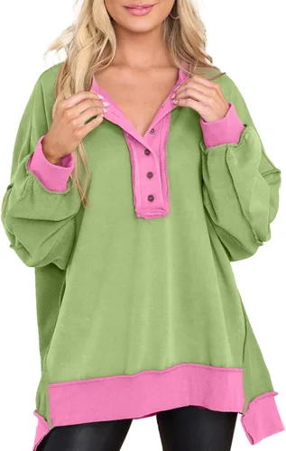 Miniatura 68 de AlvaQ - Sudadera de gran tamaño para mujer, informal, de manga larga, con botones y cuello Henley, tipo túnica