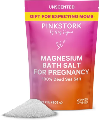 Pink Stork Embarazo de baño – Copos de magnesio sin perfume para baño o remojo de pies – Sal pura del Mar Muerto – Alivio para dolores de embarazo,