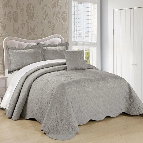 Home Soft Things Juego de colcha de damasco de 4 piezas, edredón reversible con borde festoneado, juego de ropa de cama prelavado, patrón floral en