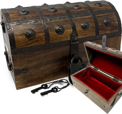 Miniatura 9 de Nautical Cove Cofre del tesoro de madera con forro acolchado de terciopelo y cerradura antigua con llaves de esqueleto (pequeño 8 x 6 x 6) – Cofre