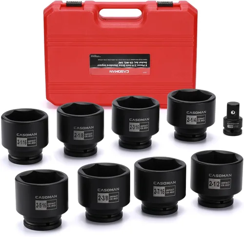 CASOMAN 9 piezas 3/4" unidad de eje profundo tuerca de eje impacto enchufe set, incluye adaptador de 1/2" a 3/4", 6 puntos, CR-MO, 2-1/16" a 2-1/2",