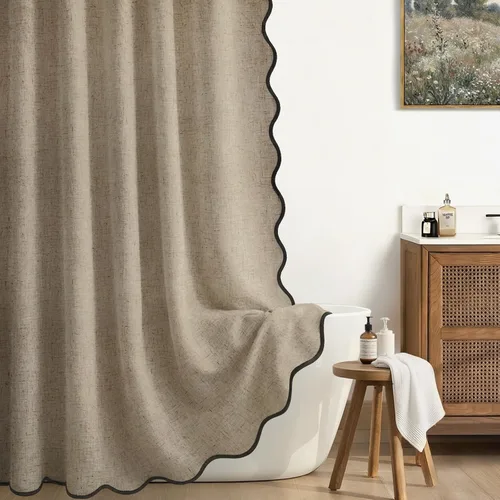 Miniatura 16 de Cortina de Ducha de Lino Beige Bonita Negra Festoneada Boho Moderna Cortinas de Ducha para Baño Juego, 48" W x 72" L