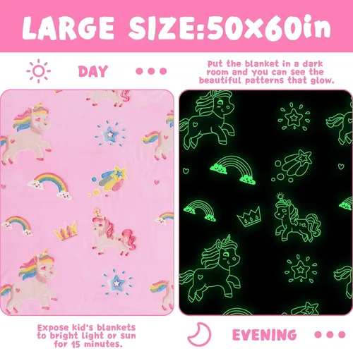 Miniatura 4 de inhand Regalo de unicornio rosa para niña, manta que brilla en la oscuridad, juguetes de unicornio, manta para sofá, manta de forro polar suave