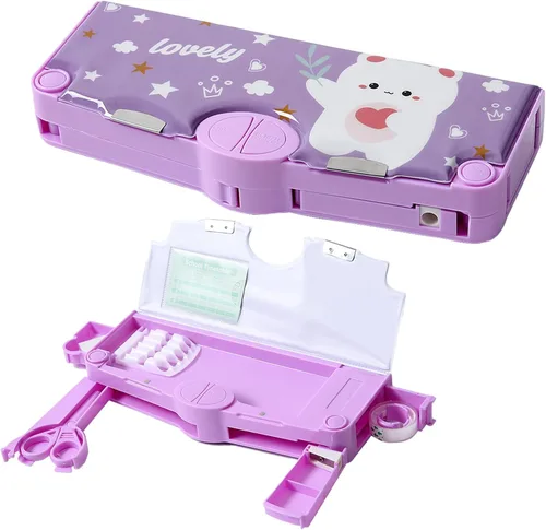 Miniatura 7 de Estuche multifunción para niños y niñas, bonita caja organizadora de lápices de dibujos animados con sacapuntas, tijeras y regla, regalos de Negro