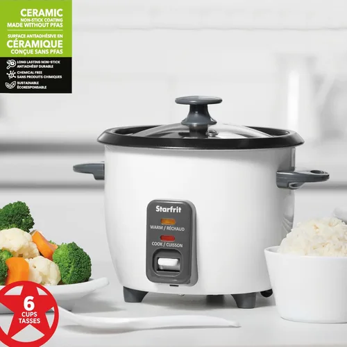 Miniatura 7 de Starfrit - Arrocera eléctrica, 6 tazas, 300 W, color blanco Cesta de vapor, taza medidora, cuchara de servicio, hace arroz perfecto