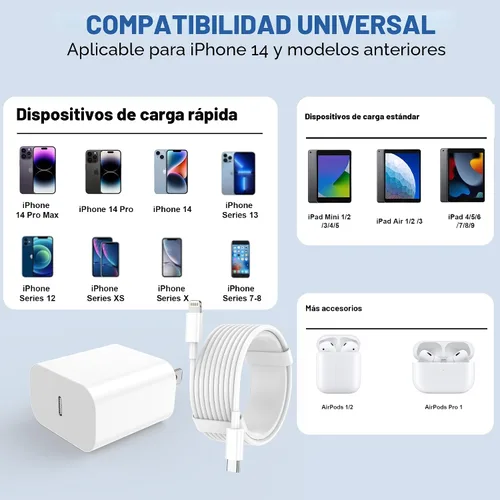 Miniatura 2 de Cargador de iPhone de carga rápida, paquete de 2 bloques de carga de pared tipo C con 2 unidades [6 pies y 10 pies] cable USB C a Lightning