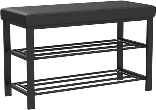 Miniatura 4 de Finnhomy Zapatero de entrada con asiento acolchado, banco de zapatos para entrada, banco de almacenamiento de 2 estantes con parte superior de cuero