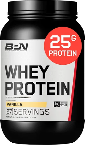 BARE PERFORMANCE NUTRITION, Mezcla de proteína de suero BPN + proteína de caseína en polvo, vainilla, 25g de proteínas por porción, apoya la
