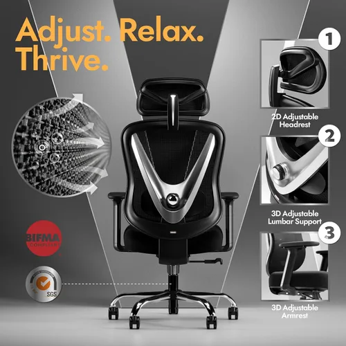 Miniatura 4 de HOLLUDLE Silla de oficina ergonómica de malla, soporte lumbar ajustable 3D y reposabrazos 3D, respaldo en forma de V, silla de escritorio ajustable