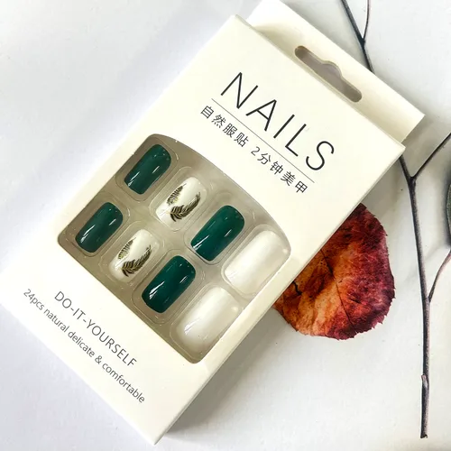 Miniatura 6 de 24 uñas postizas cuadradas medianas a presión, uñas postizas acrílicas artificiales con diseños de plumas doradas, cobertura completa