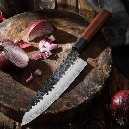 Miniatura 3 de Sunnecko Cuchillo de chef japonés de 8 pulgadas, cuchillo de cocina afilado, cuchillo de chefs de acero al carbono, 3 capas, 9CR18MOV, caja