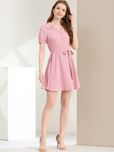 Miniatura 3 de Allegra K Vestido de mujer con cuello en V y manga corta abombada, cuello vuelto, Rosado