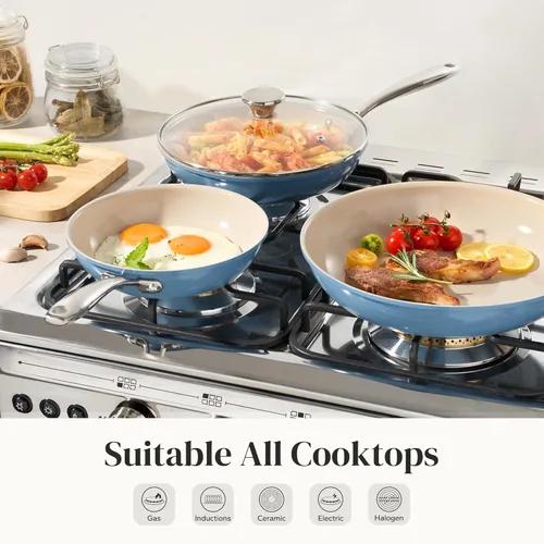 Miniatura 8 de Redchef Juego de utensilios de cocina antiadherentes, juego de sartenes de cerámica con tapas de vidrio templado, juego de cocina antiadherente
