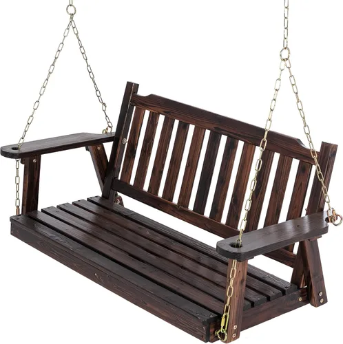 Miniatura 8 de Columpio de madera para porche Anraja de 2 plazas, columpio con banco y cadenas colgantes, de alta resistencia de 800 libras, para patio exterior