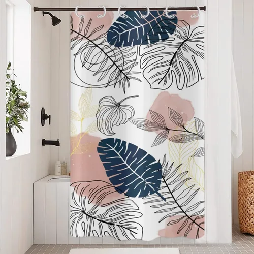 Miniatura 28 de Cortina de ducha bohemia y chic, cortina de baño moderna con hojas tropicales abstractas y ramas botánicas doradas, para decoración del hogar, tela