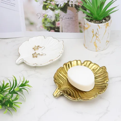 Miniatura 8 de Jabonera de baño de hoja dorada, soporte de cerámica en estilo hoja de palma, diseño autodrenante y se utiliza para sostener varios accesorios