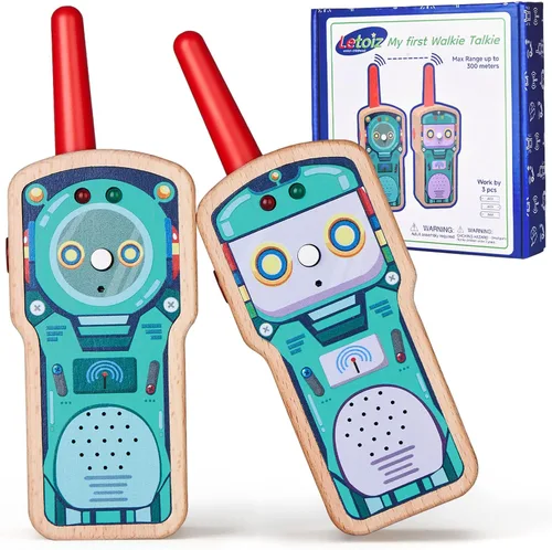 Walkie Talkie Robot de madera para niños de 3 a 8 años, paquete de 2 radios de 2 vías con certificación FSC con rango de 1000 pies, fácil de empujar