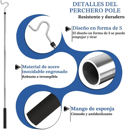 Miniatura 3 de Poste con Gancho para Ropa, Gancho Extensor para Colgar Ropa, Luces y Plantas, Extensible de 35" a 50", Hecho de Tubo de Acero Inoxidable con Mango